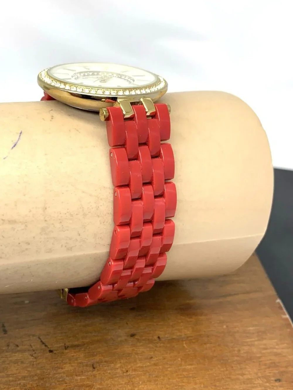 Anne Klein Women's Watch AK\2620 Quartz Mother of Pearl Dial Gold Red Resin 34mm